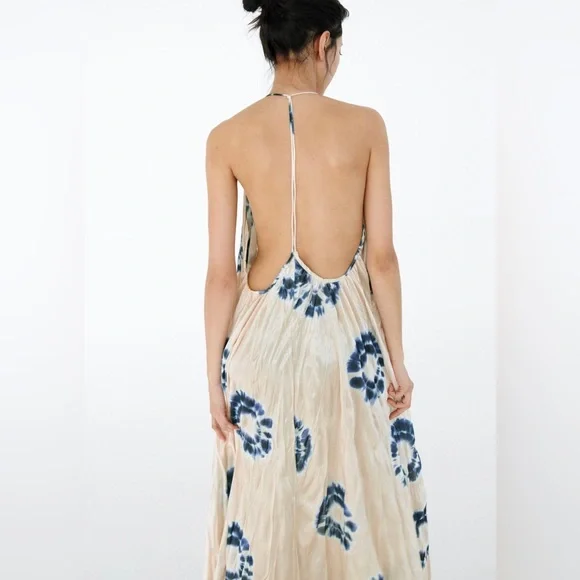 ZARA WRINKLE SATIN EFFECT MAXI LONG DRESS WHITE BLUE NWOT S - Picture 9 of 14
